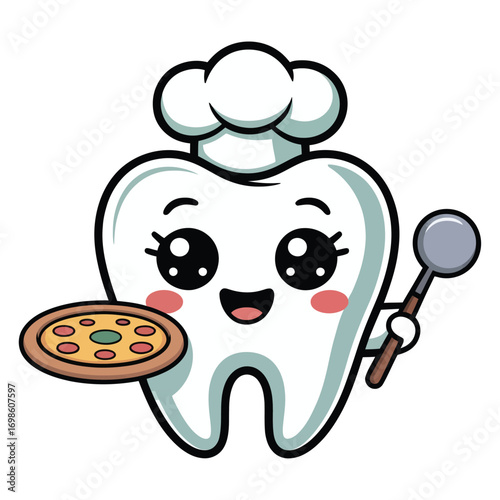 Adorable "chef" with kawaii style molar teeth, wearing a chef's hat and holding a pizza.