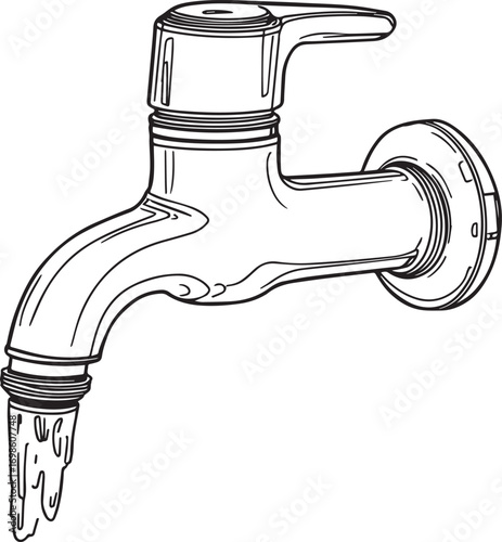 High-quality vector illustration of a vintage style water tap with running water, isolated on white background. Ideal for sanitary ware catalogs, plumbing fixture presentations, and household water de