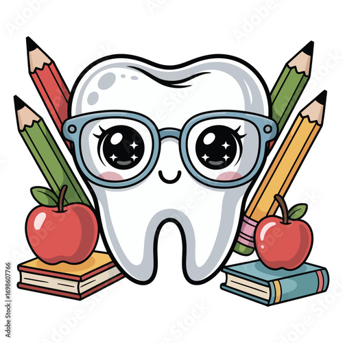 A super cute back to school themed molar tooth, in sparkling kawaii style, wearing glasses and carrying a small pastel backpack, surrounded by pencils, apples and books.