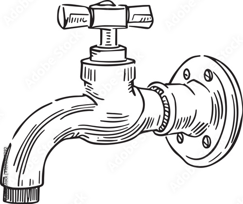 High-quality vector illustration of a vintage style water tap with running water, isolated on white background. Ideal for sanitary ware catalogs, plumbing fixture presentations, and household water de
