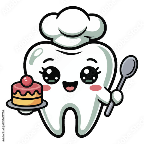 An adorable "chef" in a shiny kawaii style with molar teeth, wearing a chef's hat and holding a cake bowl.