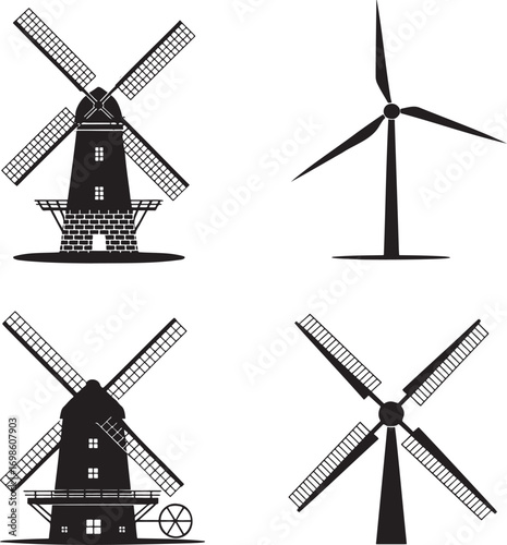 Windmill silhouette set vector illustration isolated On Transparent Background