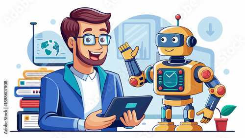 Close-up portrait of male robotics trainer teaching with a small robot. Isolated white background emphasizes education, skill, and future readiness.