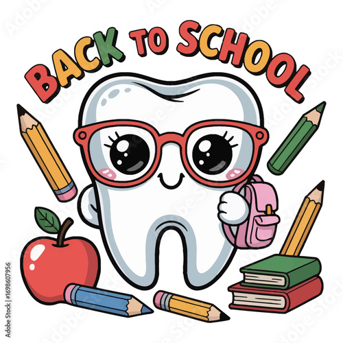 A super cute back to school themed molar tooth, in sparkling kawaii style, wearing glasses and carrying a small pastel backpack, surrounded by pencils, apples and books.
