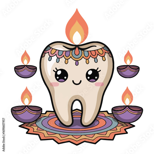 A super cute Diwali themed molar tooth, in sparkling kawaii style, surrounded by pastel rangoli patterns, floating diyas (oil lamps) and glittering sparkles.