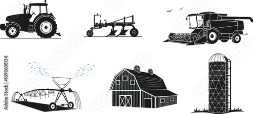 Silhouettes of farm machinery, barn, silo, irrigation system, tractor, plow, and combine harvester – agricultural vector icons set