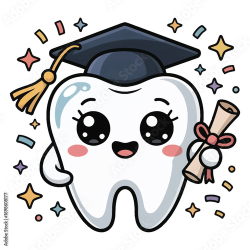 Graduation theme featuring a super cute molar tooth, in glitter kawaii style, wearing a mini graduation cap and holding a diploma tied with a bow, surrounded by confetti and bright stars.