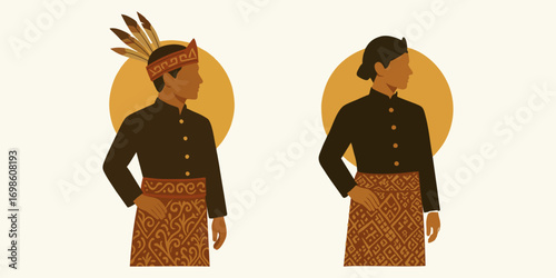 Flat vector illustration of Indonesian traditional clothing for men, featuring Dayak attire with feathered headpiece and ethnic woven sarong. Modern flat minimalism style with earthy muted tones.