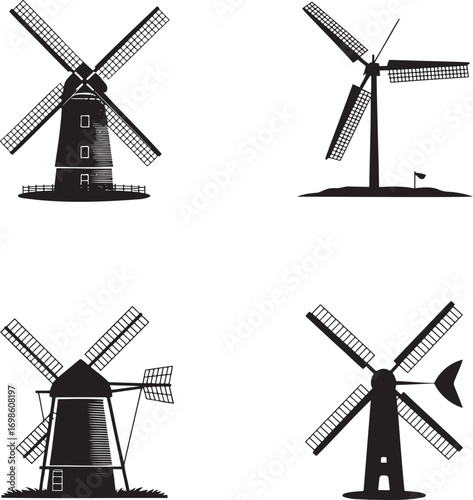 Windmill silhouette set vector illustration isolated On Transparent Background