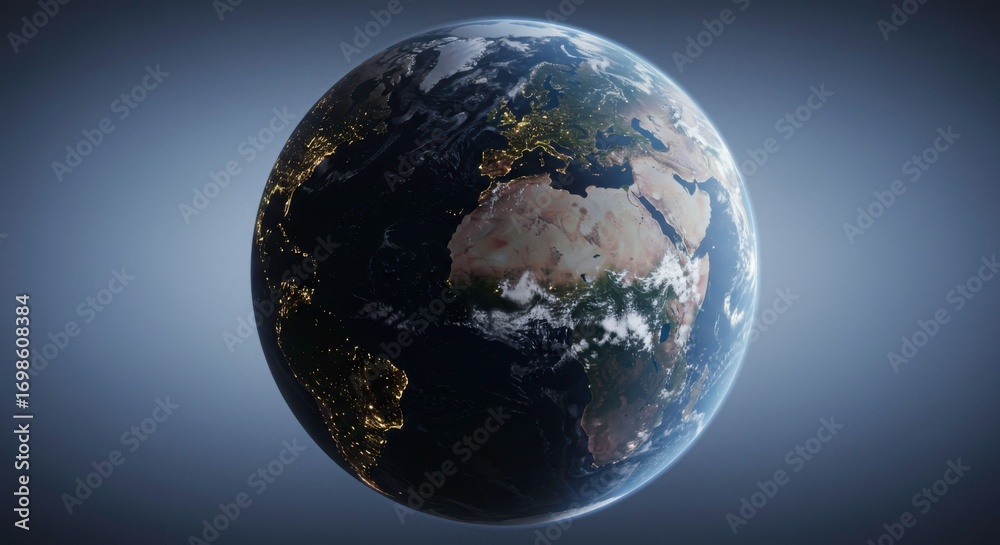 Fototapeta premium Detailed Earth Render Showcasing Continents and Night Lights of Major Cities Globally