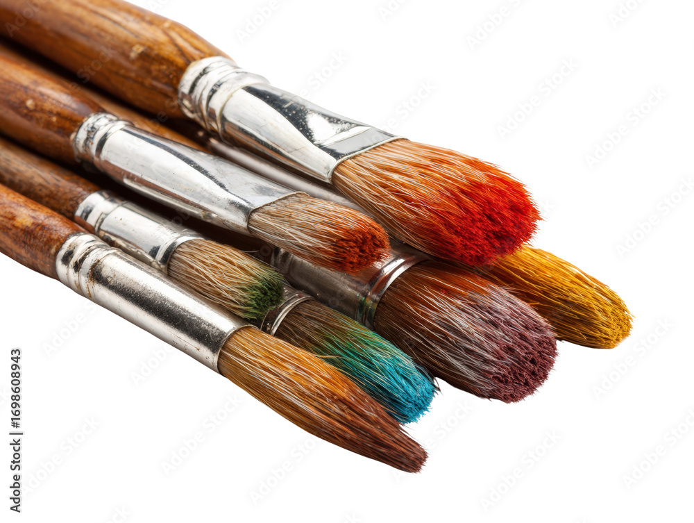 Fototapeta premium Old paintbrush, wooden handle, colorful bristle, art tool, isolated, closeup, creativity