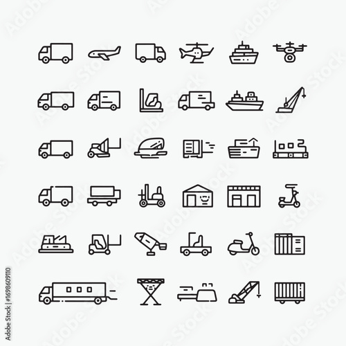 Collection of hand drawn transportation and delivery vehicle icons