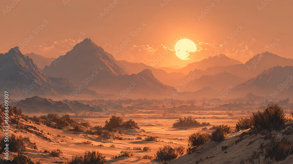 Naklejka premium golden hour desert sunset over serene landscape glowing sand dunes peaceful horizon warm sunlight capturing scenic beauty and nature outdoors