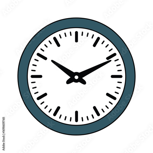 Classic analog wall clock with dark teal bezel and clear white face showing time