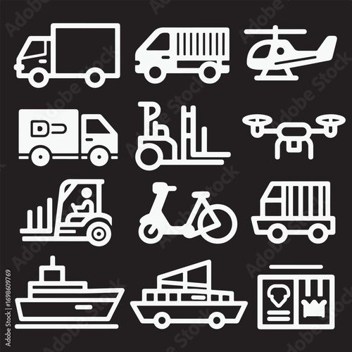 Collection of white transportation and delivery vehicle icons on a black background
