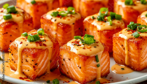 Full frame macro shot of cooked salmon cubes with chopped chives and sauce on white plate.