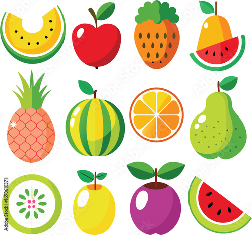 Colorful Fruit Icons Set – Apple, Orange, Banana, Watermelon, Cherry, Mango, Lemon, Avocado, and More
