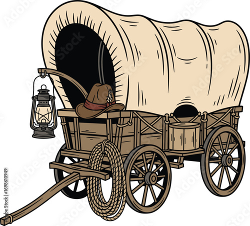 Oregon Trail Covered Wagon with Heritage and Travel Props