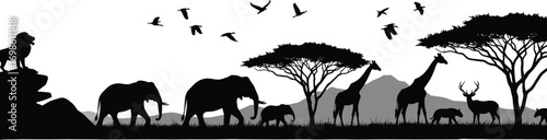 Wallpaper Mural African safari wildlife silhouette, lion, elephants, giraffes, deer, birds flying, acacia trees, savanna landscape, mountain background, nature scene, wilderness animals Torontodigital.ca
