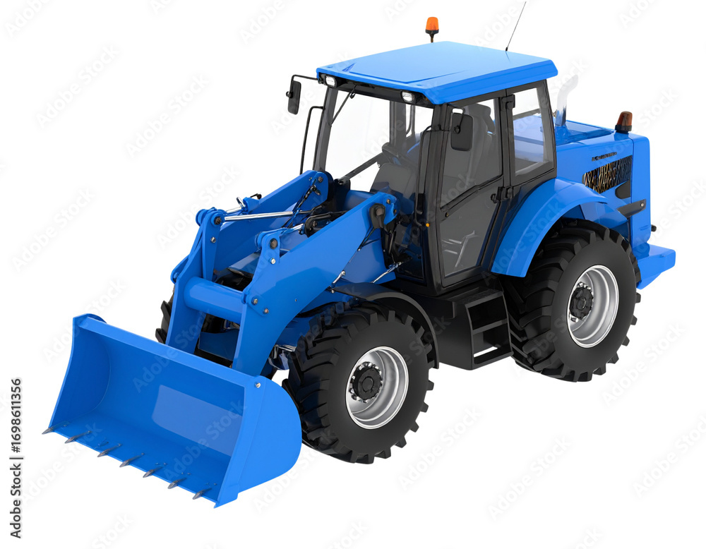 Fototapeta premium Versatile Backhoe Loader, Bright Blue, Clean & Pristine Condition, 3D Render, Isolated.