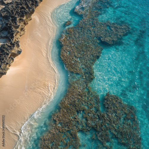 Aerial drone view of turquoise reef coastline with sandy beach and rocky outcrop under midday sun, serene natural seascape with clear shallow water and textured coral formations