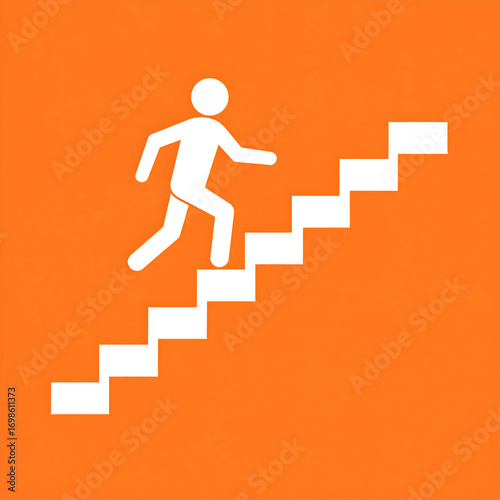 Minimal figure walking upstairs on orange background, representing success, achievement, and personal development.