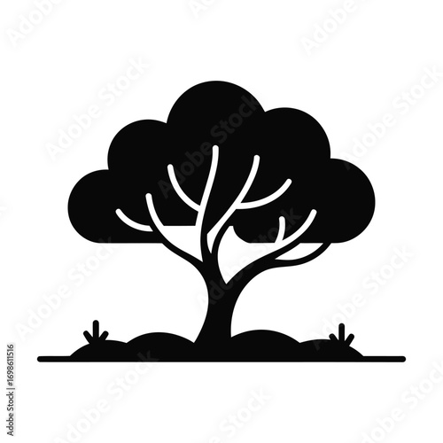 Stylized silhouette tree with bushy foliage and ground detail icon
