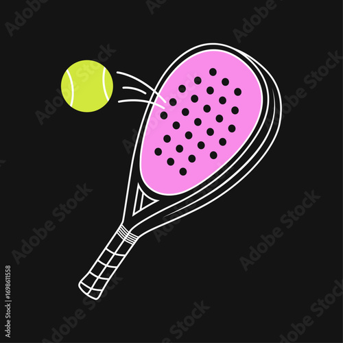 Padel racket with bouncing ball clipart on black background