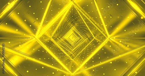 Tunnel vj loop screensaver seamless transition of geometric shapes and lights in warm yellow tones