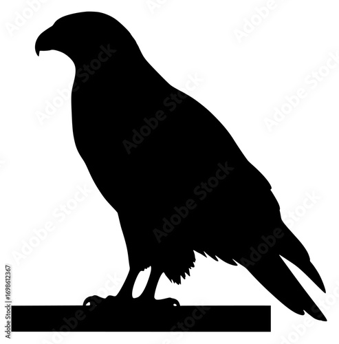 Black silhouette of an eagle or hawk standing on a perch, isolated on a white background.