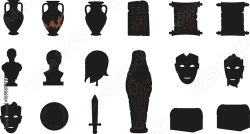 Ancient artifacts collection, historical pottery, statues, masks, swords, scrolls, cultural heritage, archaeological findings, ancient civilization, antique treasures, museum displayt