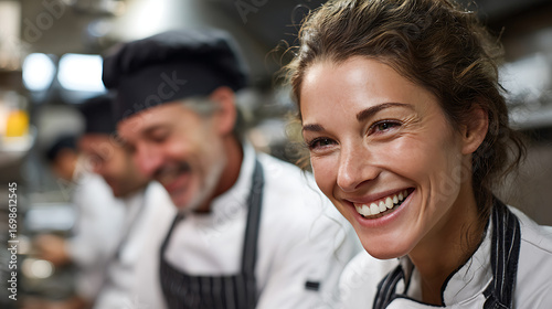 Fototapeta Naklejka Na Ścianę i Meble -  happy chef working in busy restaurant kitchen with culinary team preparing dishes cooking meals collaboratively professional workspace enjoyment