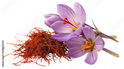 Purple crocus flowers and aromatic saffron threads for culinary and herbal uses in cuisine