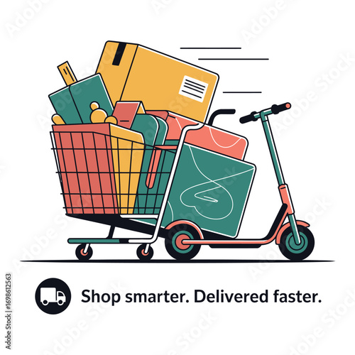 Fast scooter delivery of shopping cart full of goods and packages express service