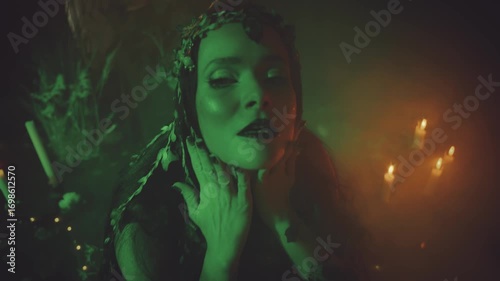 Portrait river nymph fairy fantasy woman beauty face eyes looking to camera holiday make-up black lips. night dark room full fog magic light. Sexy elf girl witch gothic style dress halloween costume