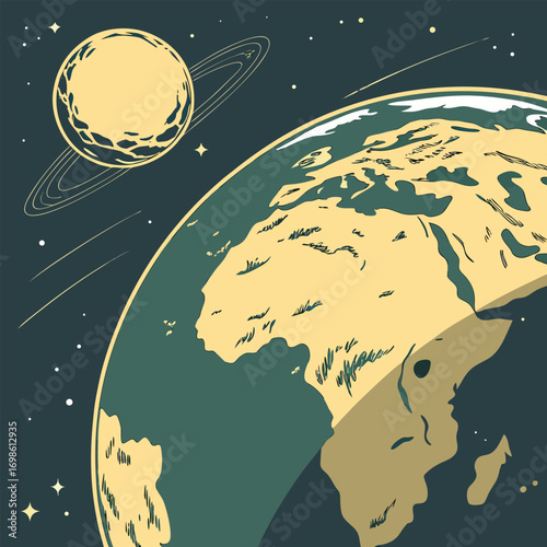 Earth and ringed planet in cosmic expanse space stars
