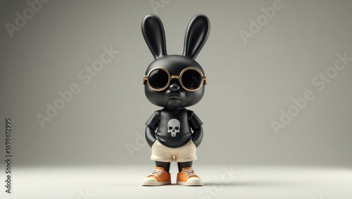 A stylish, black rabbit figurine, wearing sunglasses and a t-shirt with a skull graphic, stands confidently in a minimalist setting.