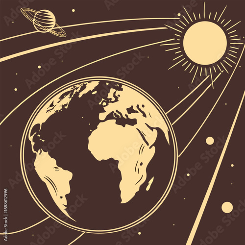 Earth and Saturn in Space with Sun planet globe