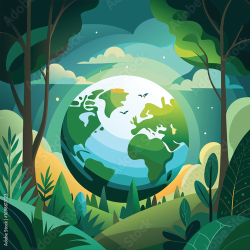 Earth embraced by lush green forest and sky planet