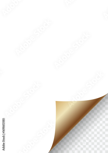 Golden Curly Page Corner realistic vector design isolated on transparent background