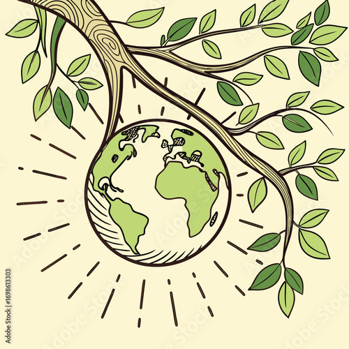 Earth embraced by tree branches and leaves planet globe