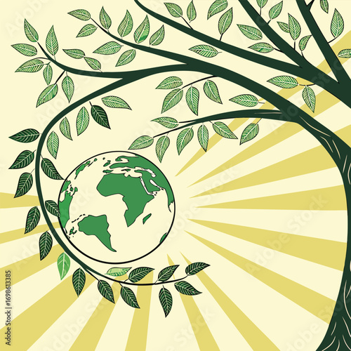 Earth encircled by a growing tree and sun rays planet