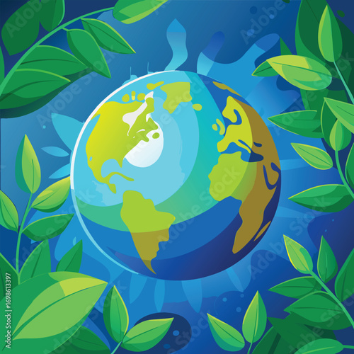 Earth framed by lush green foliage against blue background
