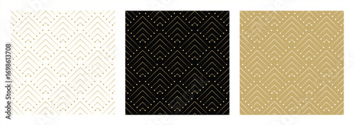 Geometric chevron line seamless pattern set, modern minimal arrow abstract background collection in black, gold and white colors for textile, wallpaper and design