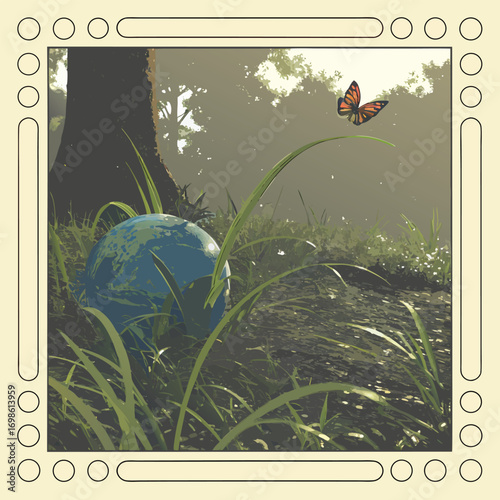 Earth globe nestled in grass with a butterfly flying