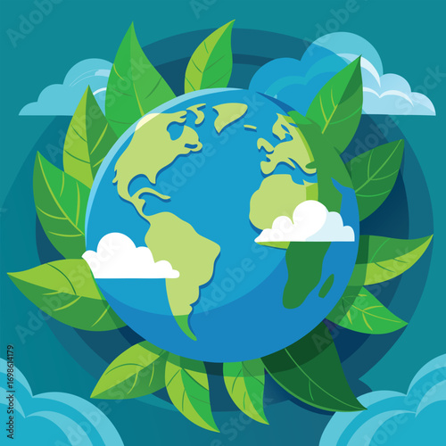 Earth globe surrounded by green leaves and clouds planet