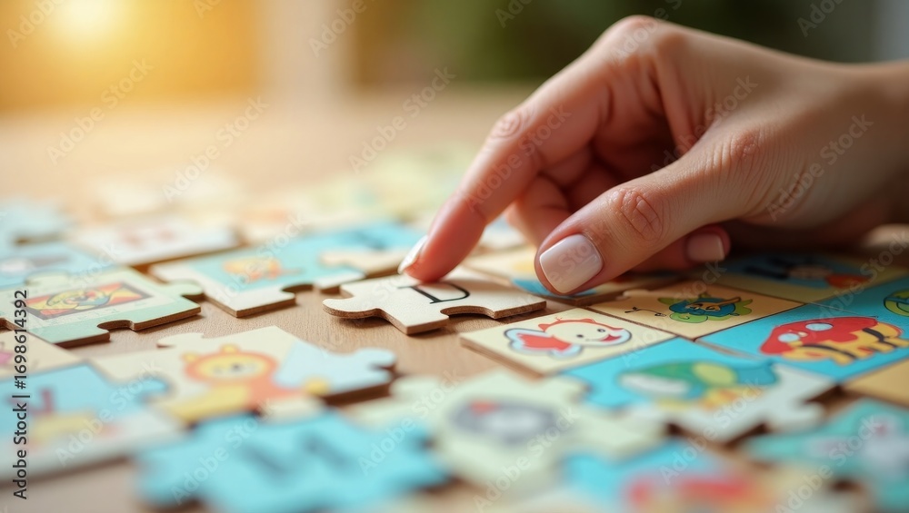 Fototapeta premium Hands Assembling Colorful Educational Puzzle Pieces – Learning and Development Concept