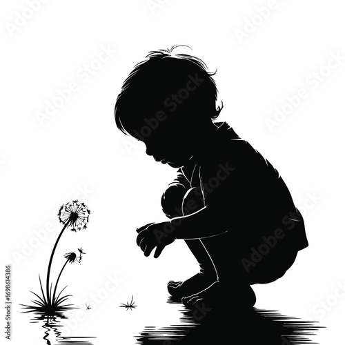 Silhouette of Child Gazing at Dandelion Seeds Captures Innocence and Wonder