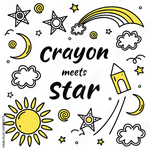 Doodle art with celestial bodies and text drawing illustration