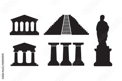 Collection of ancient architectural and monumental silhouettes